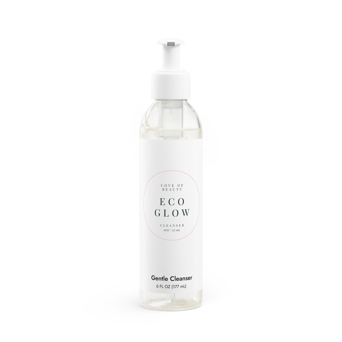 Close-up of Eco Glow Cleanser bottle, highlighting its vegan and cruelty-free formula with green tea and chamomile extracts for gentle cleansing.