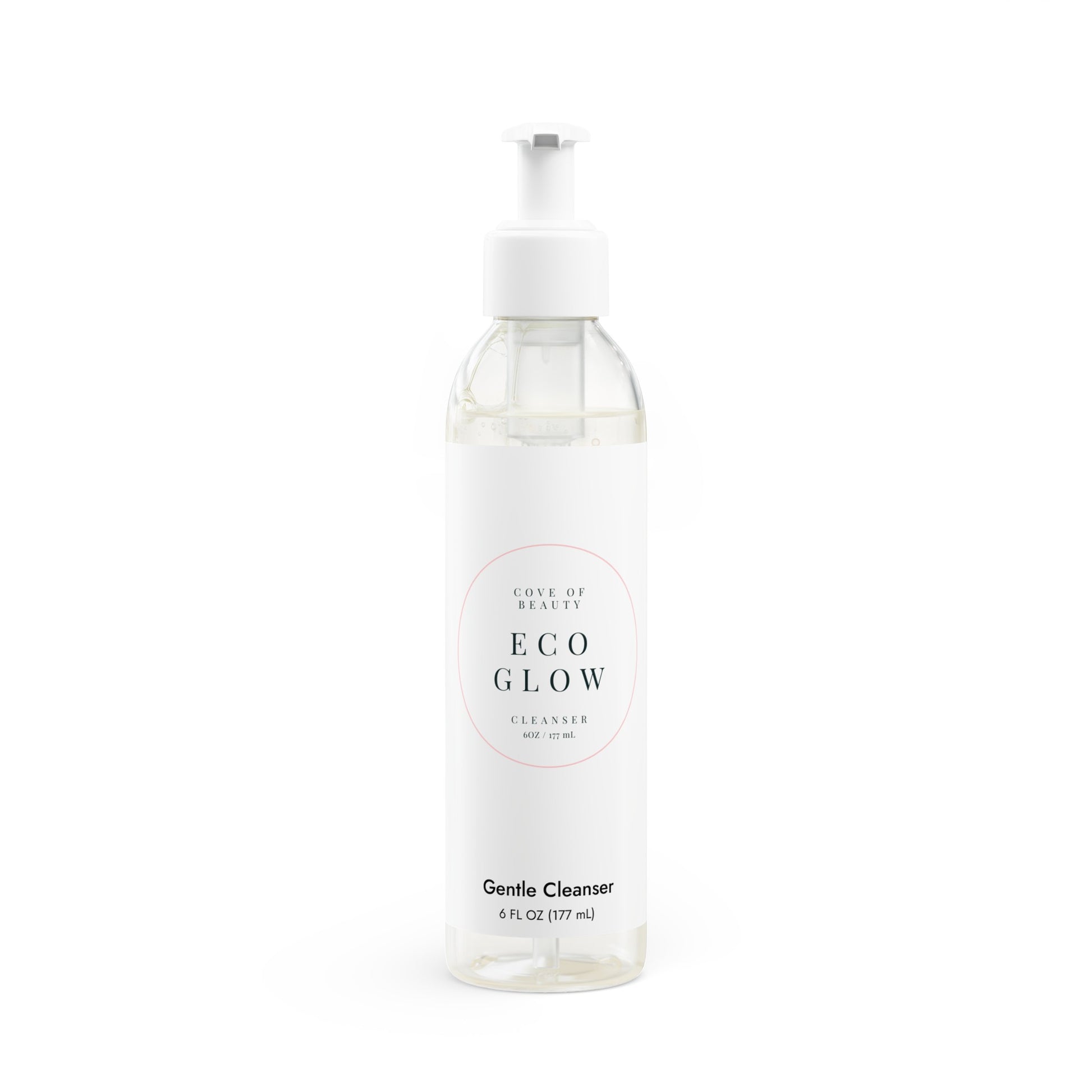 Close-up of Eco Glow Cleanser bottle, highlighting its vegan and cruelty-free formula with green tea and chamomile extracts for gentle cleansing.