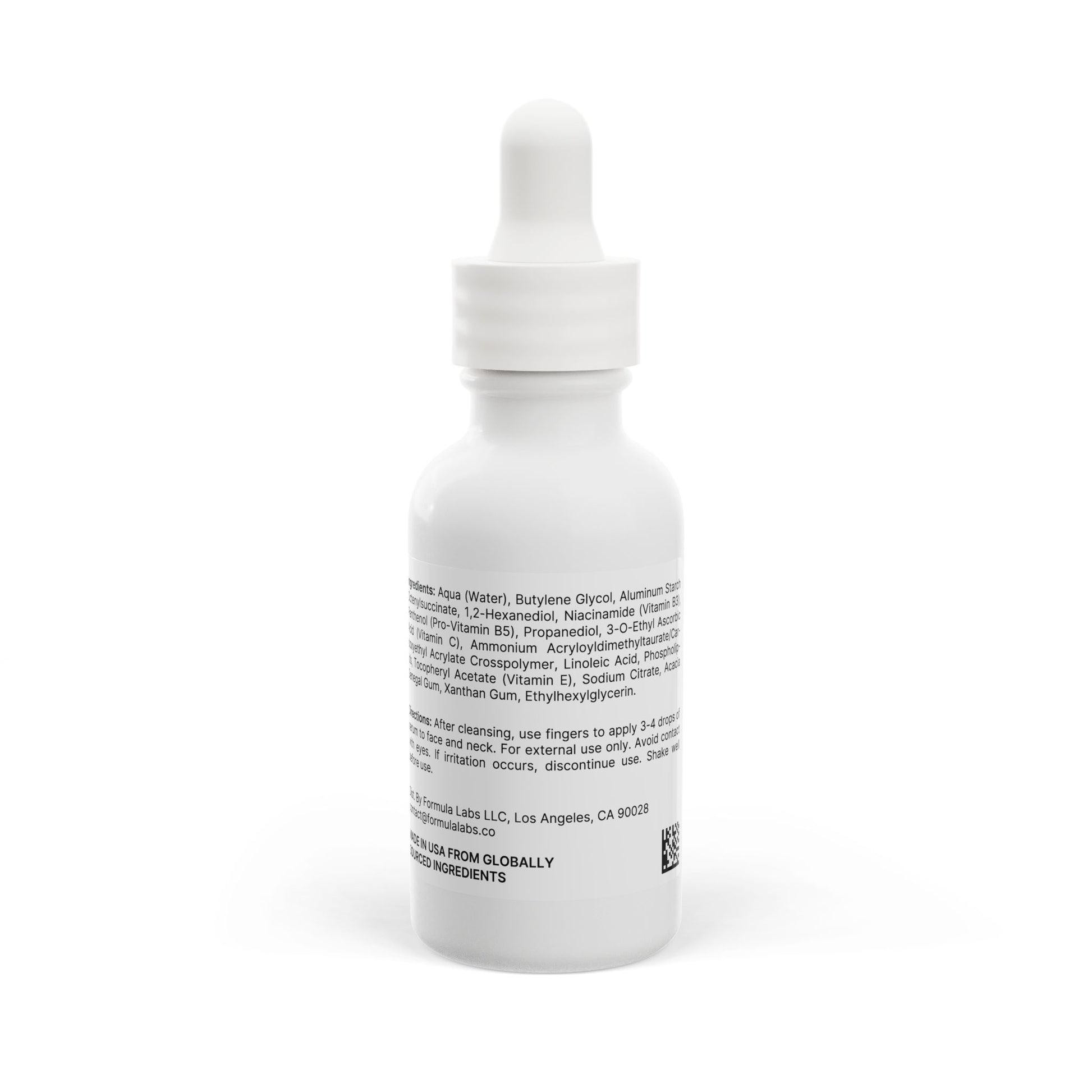 Vitamin Glow Serum in a white bottle with a dropper, showing vitamin ingredients.