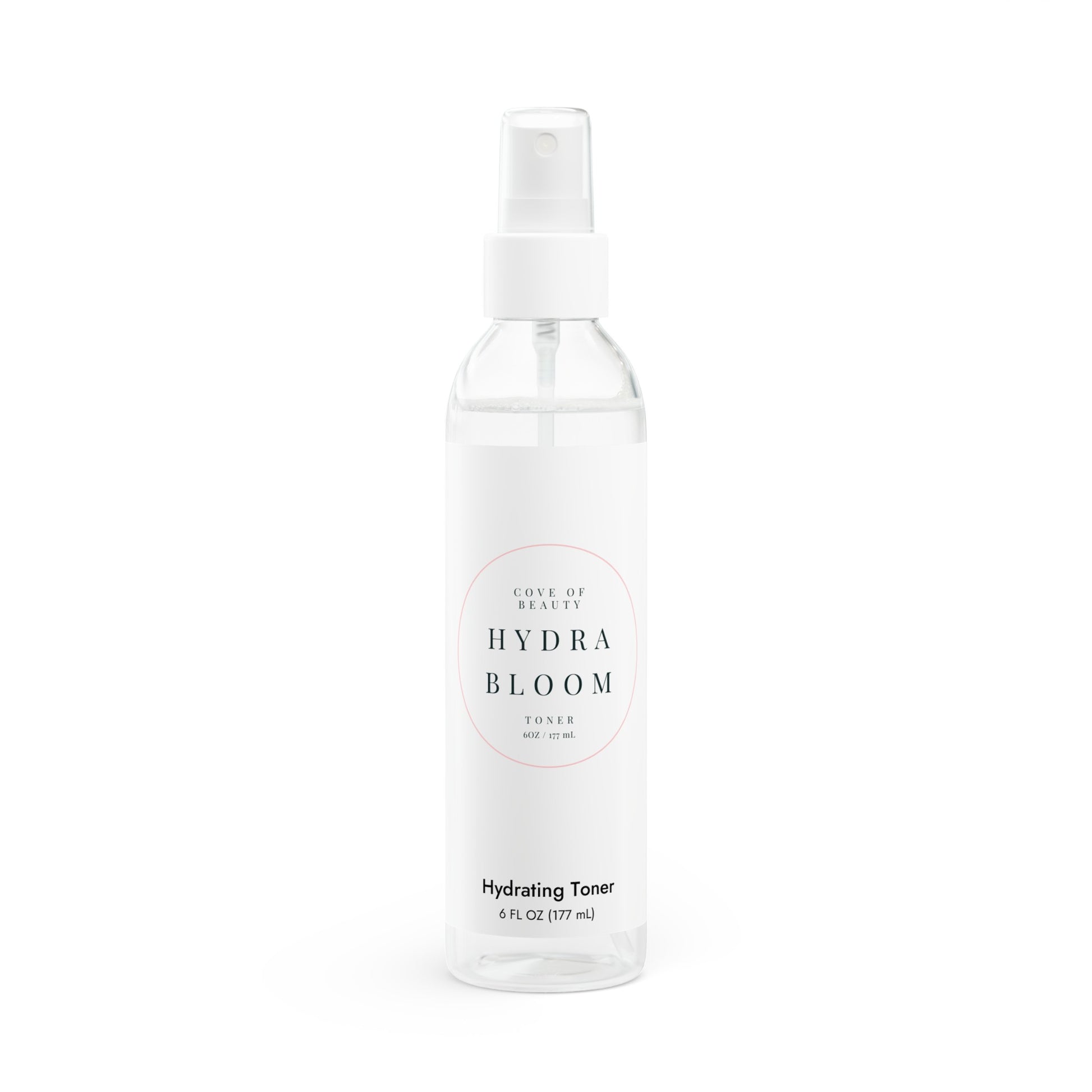 Close-up of Hydra Bloom Toner bottle, emphasizing its vegan and cruelty-free formula with hydrating ingredients for a radiant complexion.