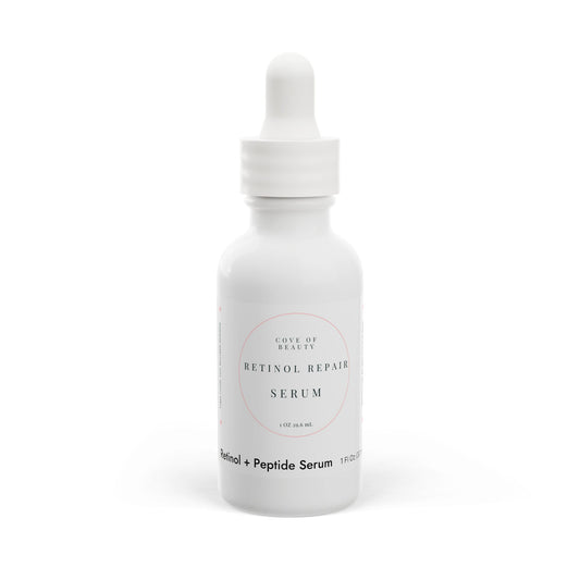 Retinol Repair Serum in a sleek bottle with a dropper, designed to rejuvenate and reduce the appearance of fine lines and wrinkles with powerful retinol ingredients.