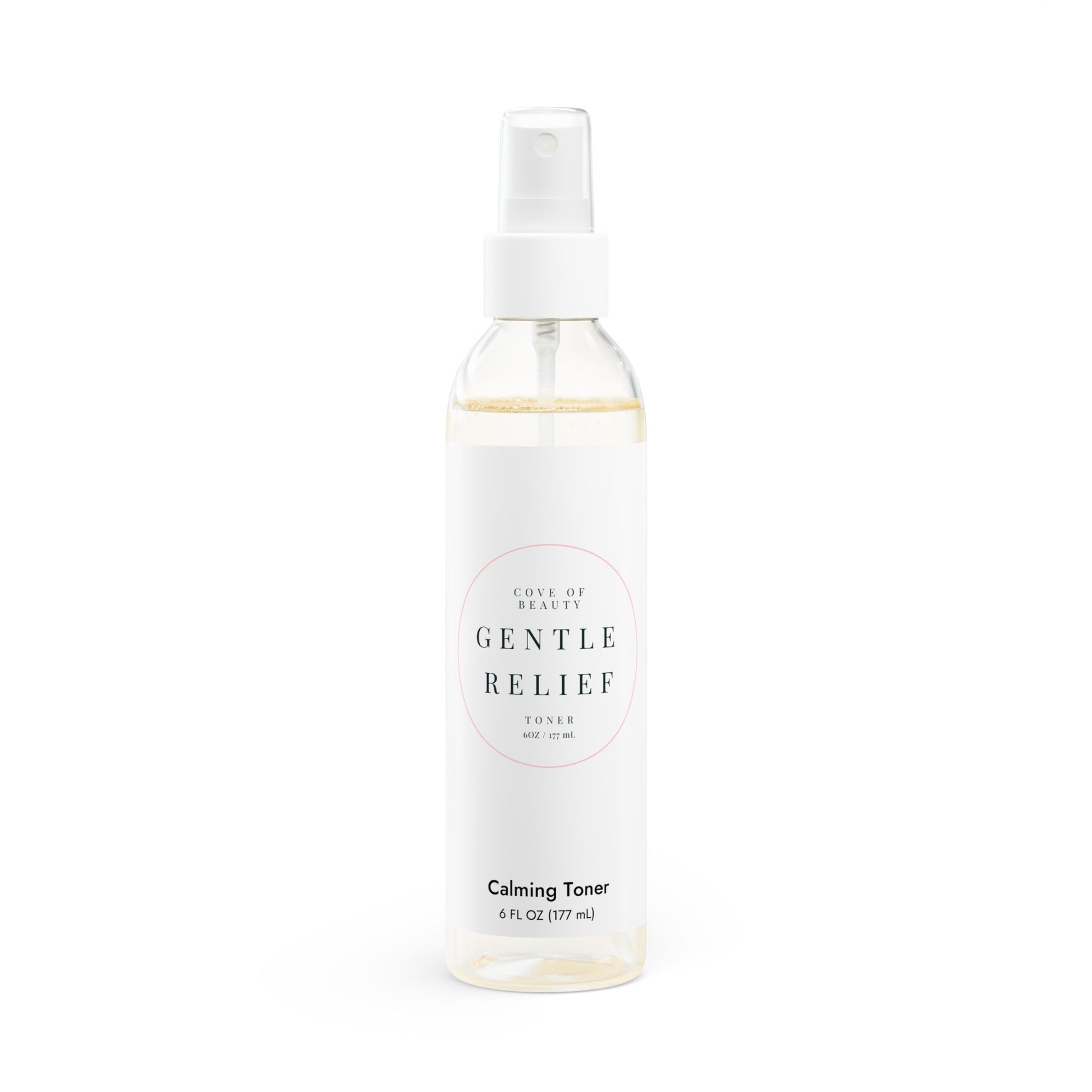 Close-up of Gentle Relief Toner bottle, highlighting its vegan and cruelty-free formula with calming ingredients for gentle toning.